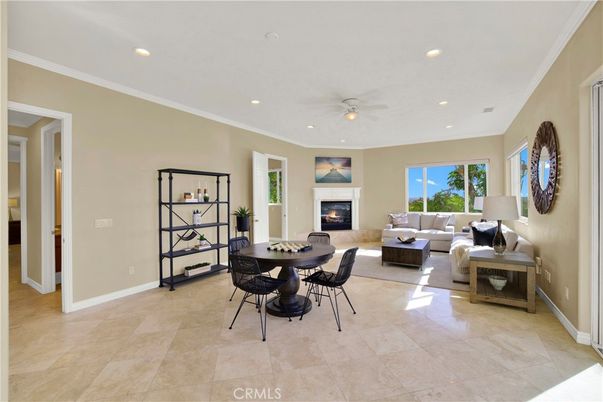 Dining room, Fireplace, Interior, Living room, Recessed Lighting