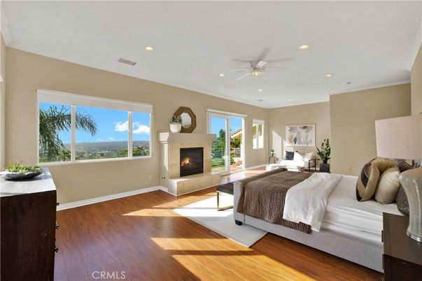 Bedroom, Fireplace, Interior, Recessed Lighting, Wood Texture Flooring