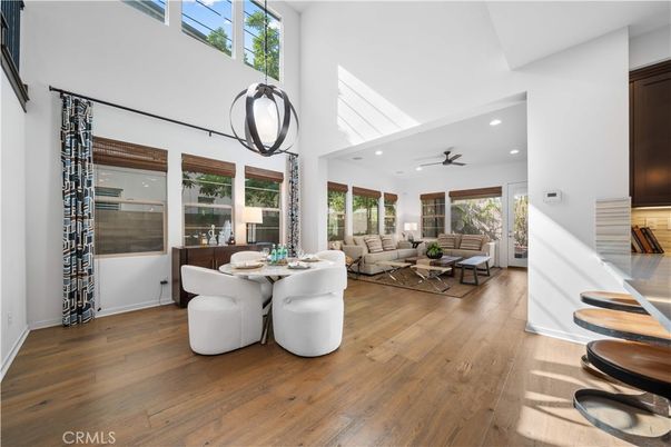 Dining room, Interior, Living room, Pendant Lights, Recessed Lighting, Wood Texture Flooring