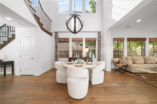 Dining room, Interior, Living room, Recessed Lighting, Wood Texture Flooring