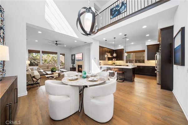 Dining room, Fireplace, Interior, Kitchen, Living room, Pendant Lights, Recessed Lighting, Wood Texture Flooring