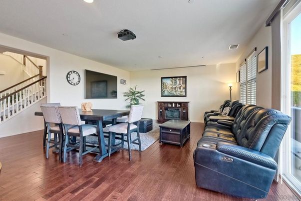 Dining room, Interior, Living room, Recessed Lighting, Wood Texture Flooring