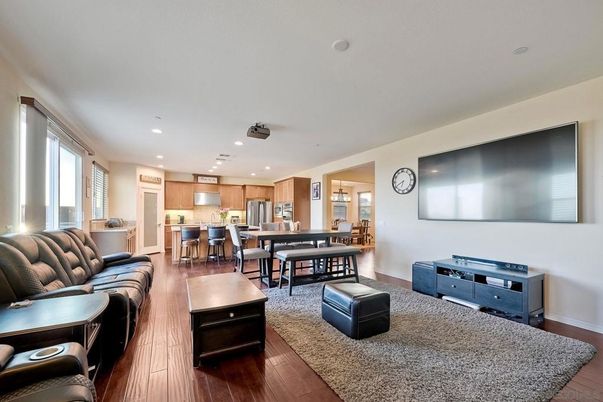 Dining room, Interior, Kitchen, Living room, Recessed Lighting, Stainless Steel Appliances, Wood Texture Flooring