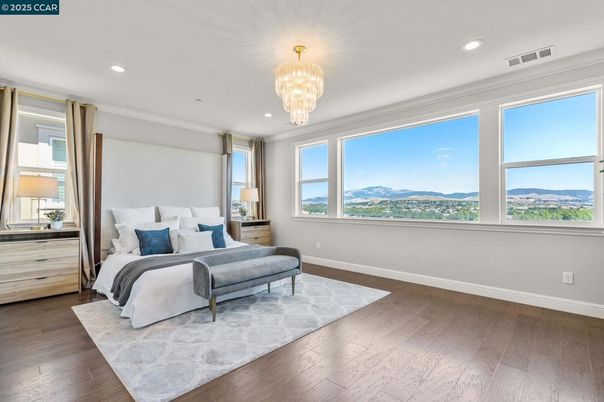 Bedroom, Chandelier, Interior, Recessed Lighting, Wood Texture Flooring