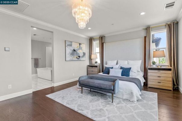 Bedroom, Chandelier, Interior, Recessed Lighting, Wood Texture Flooring