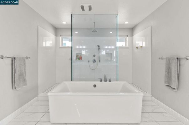 Bathroom, Free Standing Baths, Glass Shower, Interior, Marble, Recessed Lighting