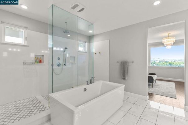 Bathroom, Chandelier, Glass Shower, Interior, Marble, Recessed Lighting, Wood Texture Flooring