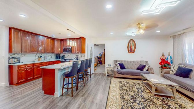 Interior, Kitchen, Living room, Recessed Lighting, Wood Texture Flooring