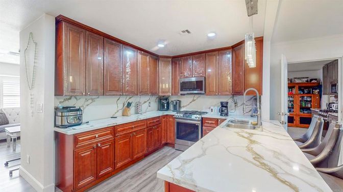 Interior, Kitchen, Pendant Lights, Recessed Lighting, Stainless Steel Appliances, Wood Texture Flooring