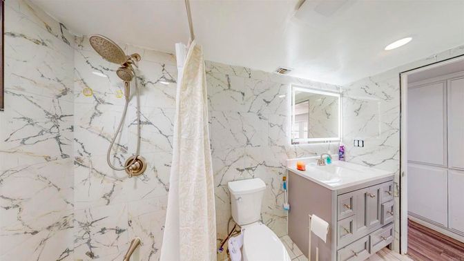 Bathroom, Interior, Marble Walls, Recessed Lighting, Wood Texture Flooring
