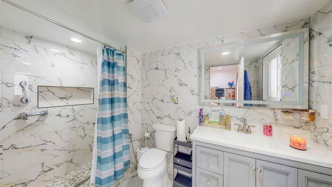 Bathroom, Interior, Marble Walls, Recessed Lighting