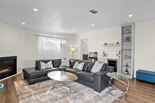 Fireplace, Interior, Living room, Recessed Lighting, Wood Texture Flooring