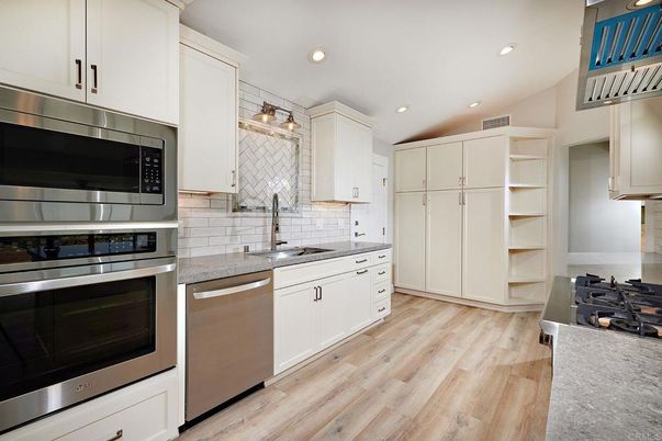 Interior, Kitchen, Recessed Lighting, Stainless Steel Appliances, Wood Texture Flooring