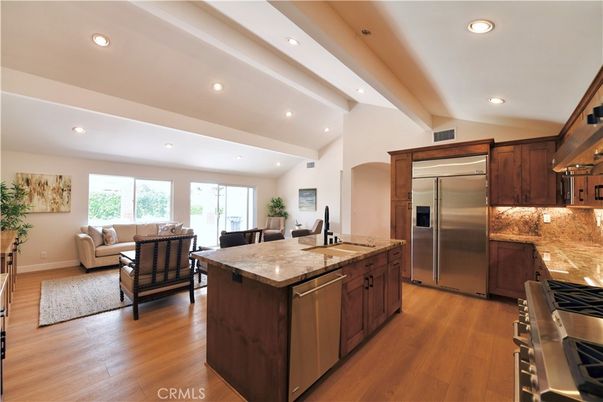 Interior, Kitchen, Living room, Recessed Lighting, Stainless Steel Appliances, Wood Texture Flooring