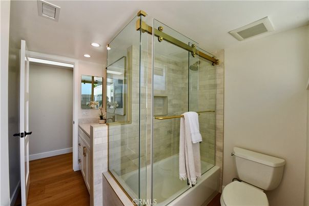 Bathroom, Glass Shower, Interior, Recessed Lighting, Wood Texture Flooring