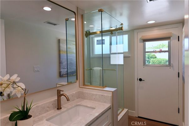Bathroom, Glass Shower, Interior, Recessed Lighting, Wood Texture Flooring