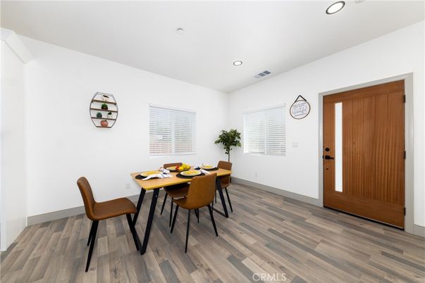 Dining room, Interior, Recessed Lighting, Wood Texture Flooring