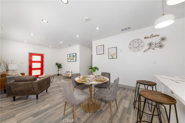 Dining room, Interior, Living room, Pendant Lights, Recessed Lighting, Wood Texture Flooring