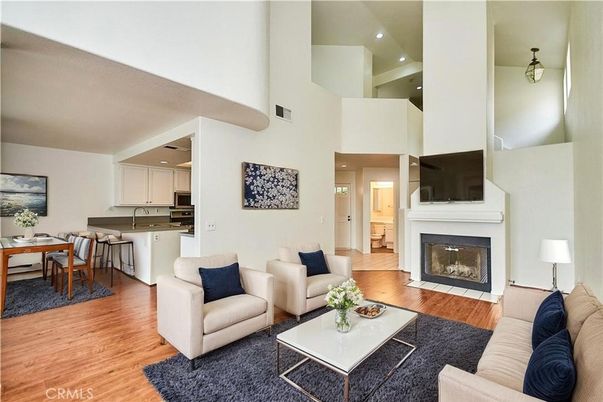 Dining room, Fireplace, Interior, Kitchen, Living room, Recessed Lighting, Wood Texture Flooring
