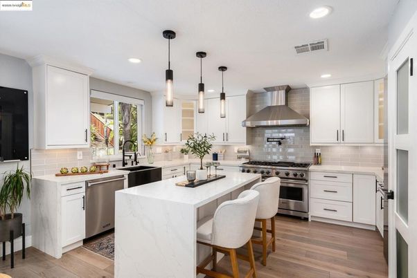 Interior, Kitchen, Pendant Lights, Recessed Lighting, Stainless Steel Appliances, Wood Texture Flooring