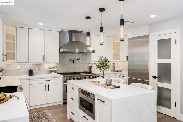 Interior, Kitchen, Pendant Lights, Recessed Lighting, Stainless Steel Appliances, Wood Texture Flooring