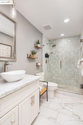 Bathroom, Dual Sink Vanities, Glass Shower, Interior, Marble, Recessed Lighting