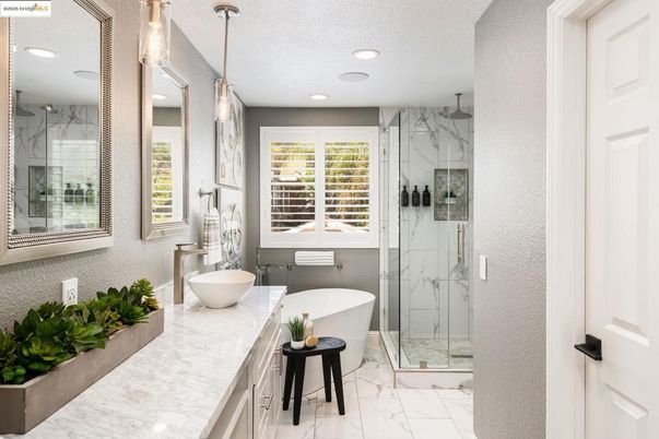 Bathroom, Dual Sink Vanities, Free Standing Baths, Glass Shower, Interior, Marble, Marble Walls, Recessed Lighting