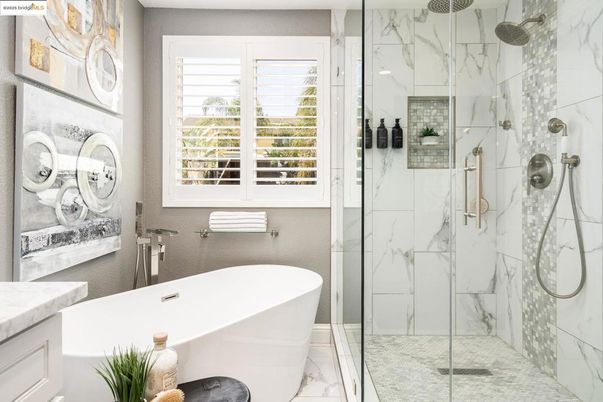 Bathroom, Free Standing Baths, Glass Shower, Interior, Marble, Marble Walls