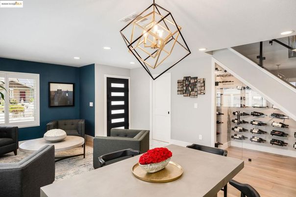 Dining room, Interior, Pendant Lights, Recessed Lighting, Wine Storage, Wood Texture Flooring