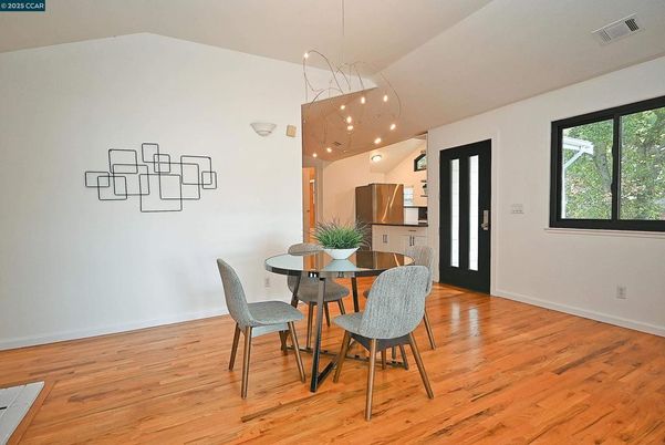 Dining room, Interior, Pendant Lights, Recessed Lighting, Wood Texture Flooring