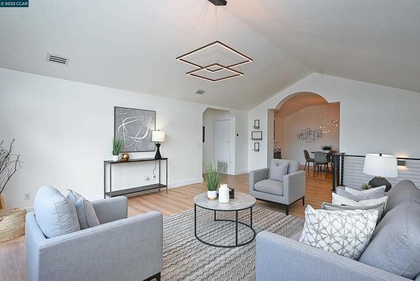 Dining room, Interior, Living room, Pendant Lights, Wood Texture Flooring