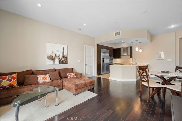Dining room, Interior, Kitchen, Living room, Pendant Lights, Recessed Lighting, Stainless Steel Appliances, Wood Texture Flooring