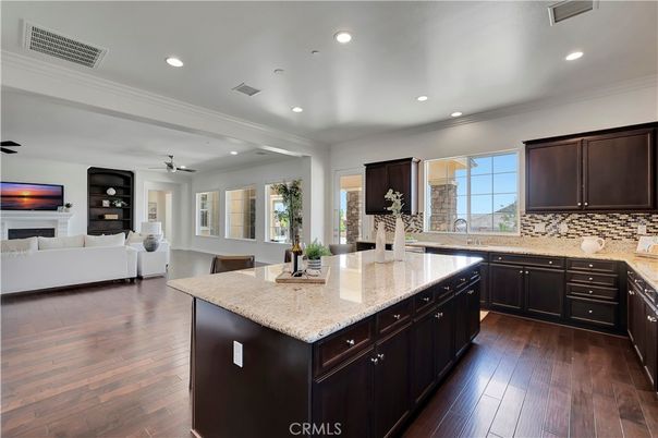 Fireplace, Interior, Kitchen, Living room, Recessed Lighting, Wood Texture Flooring