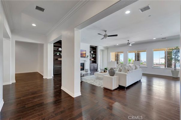 Fireplace, Interior, Living room, Recessed Lighting, Wood Texture Flooring