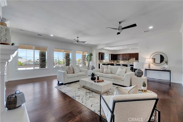 Fireplace, Interior, Kitchen, Living room, Recessed Lighting, Wood Texture Flooring