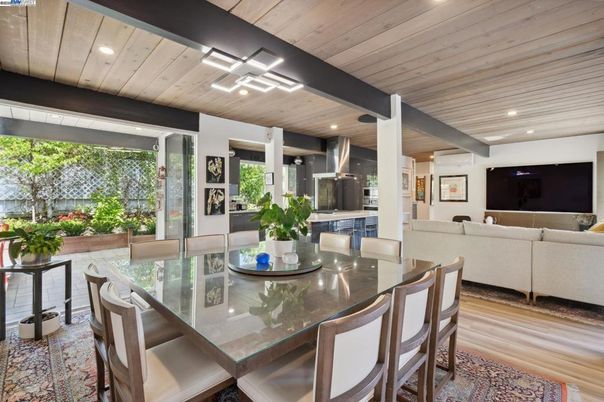Dining room, Interior, Kitchen, Living room, Recessed Lighting, Stainless Steel Appliances, Wooden Ceilings, Wood Texture Flooring