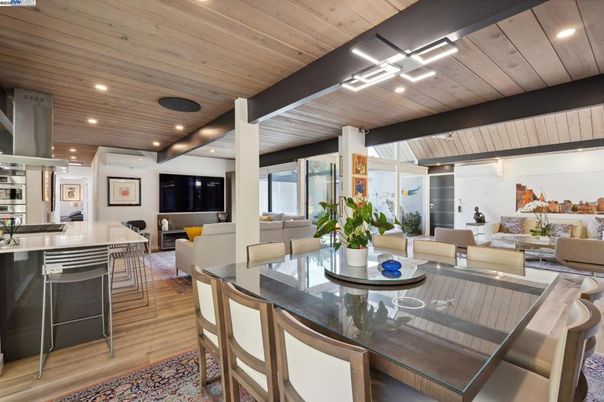Dining room, Interior, Living room, Recessed Lighting, Wooden Ceilings, Wood Texture Flooring