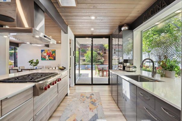 Interior, Kitchen, Recessed Lighting, Stainless Steel Appliances, Wooden Ceilings, Wood Texture Flooring