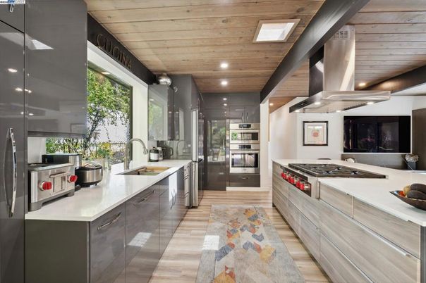 Interior, Kitchen, Recessed Lighting, Stainless Steel Appliances, Wooden Ceilings, Wood Texture Flooring