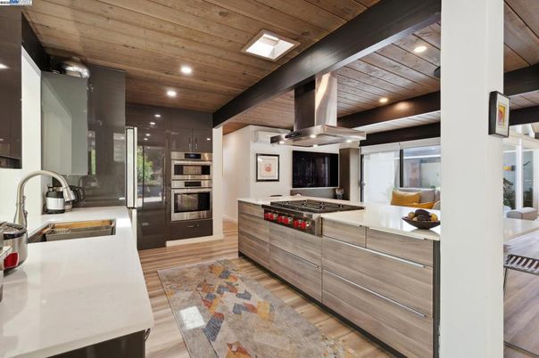 Interior, Kitchen, Recessed Lighting, Stainless Steel Appliances, Wooden Ceilings, Wood Texture Flooring