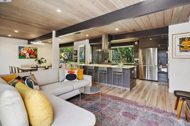 Interior, Kitchen, Living room, Recessed Lighting, Stainless Steel Appliances, Wooden Beams, Wooden Ceilings, Wood Texture Flooring