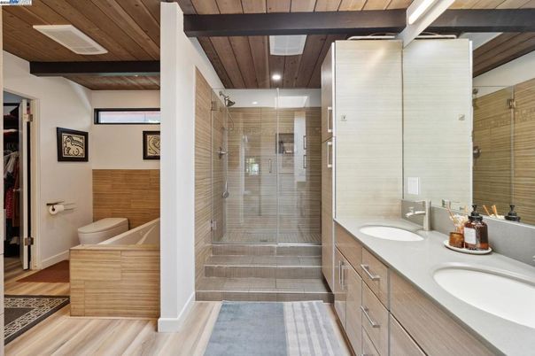Bathroom, Dual Sink Vanities, Glass Shower, Interior, Recessed Lighting, Wooden Beams, Wooden Ceilings, Wood Texture Flooring