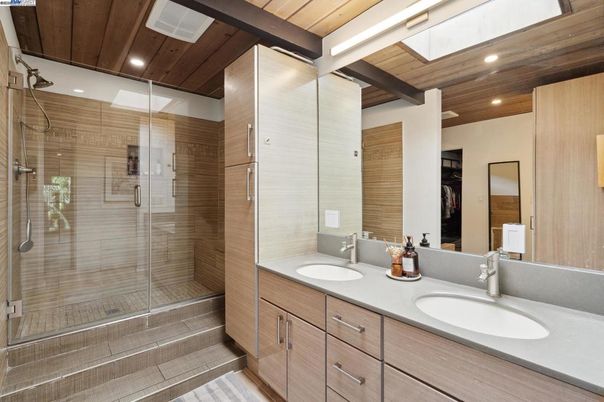 Bathroom, Dual Sink Vanities, Glass Shower, Interior, Recessed Lighting, Wooden Ceilings