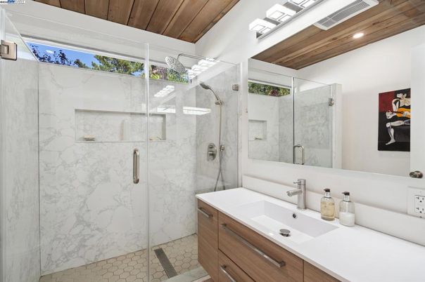 Bathroom, Glass Shower, Interior, Marble Walls, Recessed Lighting, Wooden Ceilings