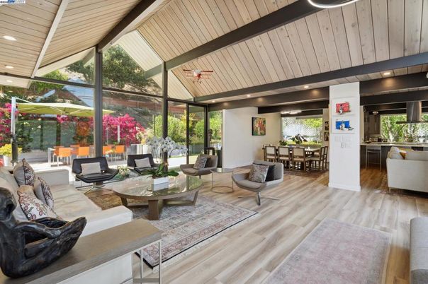 Dining room, Interior, Living room, Recessed Lighting, Wooden Ceilings, Wood Texture Flooring