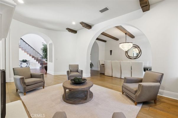 Chandelier, Dining room, Interior, Recessed Lighting, Wooden Beams, Wood Texture Flooring