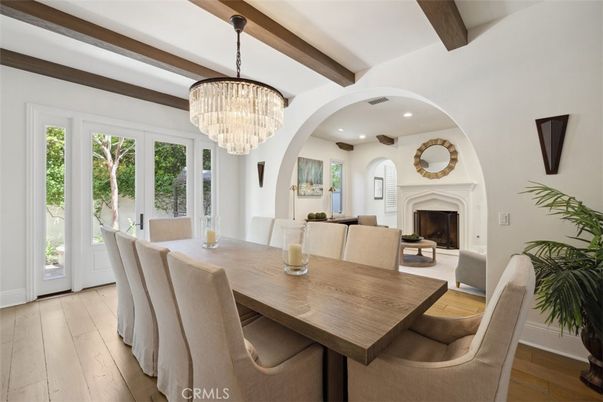 Chandelier, Dining room, Fireplace, Interior, Recessed Lighting, Wooden Beams, Wood Texture Flooring