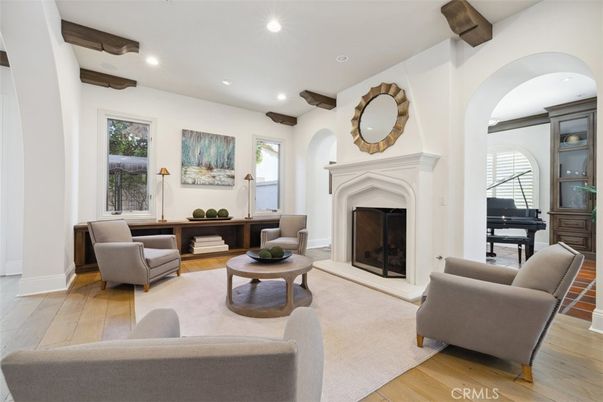Fireplace, Interior, Living room, Piano, Recessed Lighting, Wooden Beams, Wood Texture Flooring