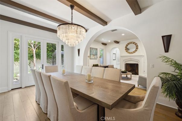 Chandelier, Dining room, Fireplace, Interior, Recessed Lighting, Wooden Beams, Wood Texture Flooring