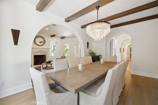 Chandelier, Dining room, Fireplace, Interior, Recessed Lighting, Wooden Beams, Wood Texture Flooring